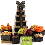 Nut Cravings Gourmet Collection - Happy Birthday Nuts & Dried Fruits Tower Gift Basket with HB Ribbon (12 Assortments) Food Platter, Bday Care Package Tray, Healthy Kosher Snack Women Men