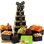 Nut Cravings Gourmet Collection - Get Well Soon Dried Fruit & Nuts Tower Gift Basket with Get Well Soon Ribbon (12 Assortments) Care Package Variety Tray, Kosher Snack Box